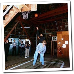 Vlade Divac of the LA Lakers shooting over Brian Phelps of KLOS radio inside the Matterhorn.